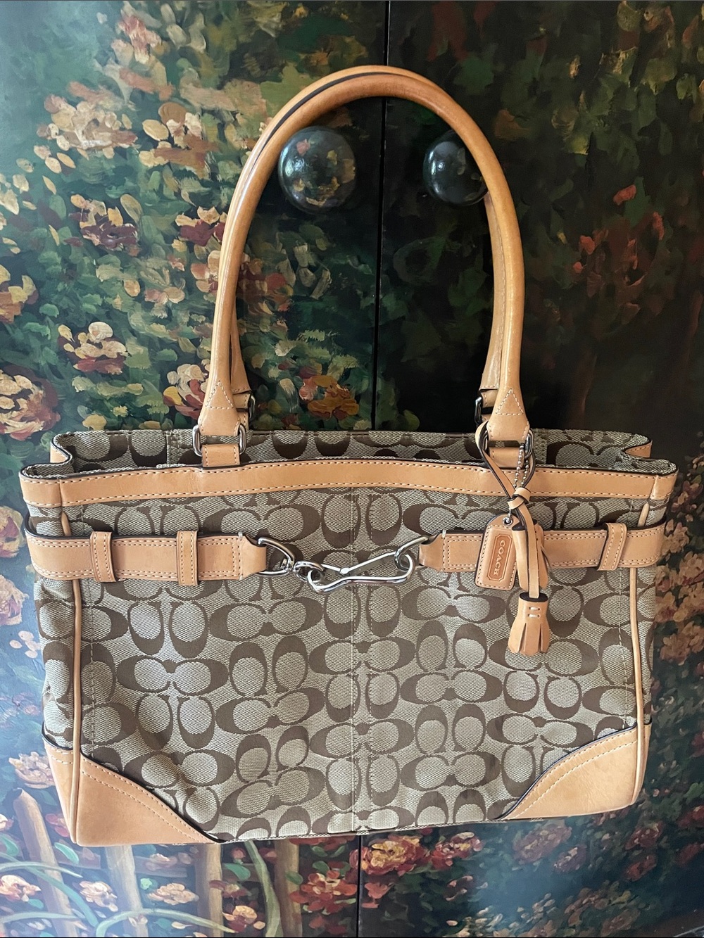 Coach Khaki Signature Canvas Tote with Tan Leather Trim